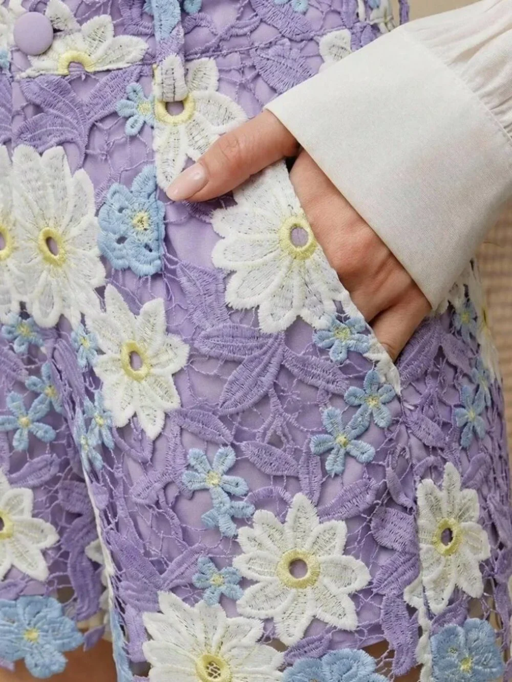Lavender Floral Lace Shorts with Daisy Appliqués